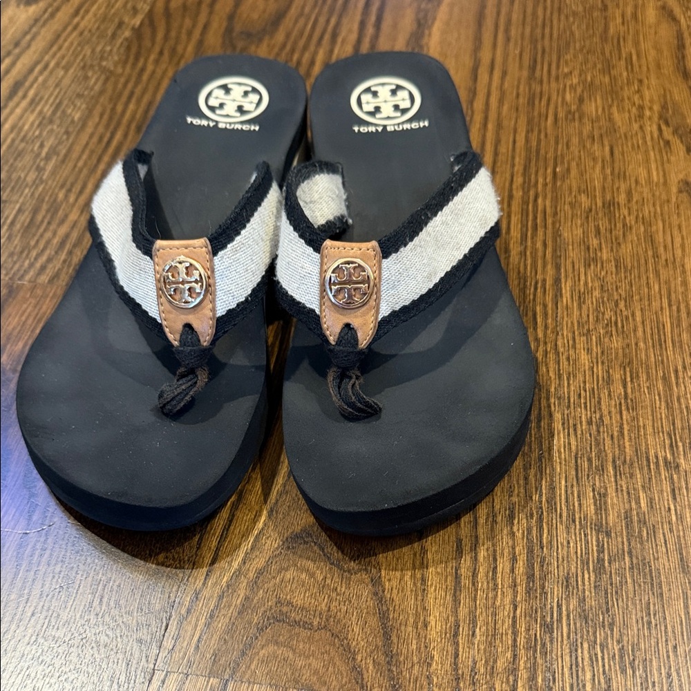 Tory Burch Black and Cream Flip Flops